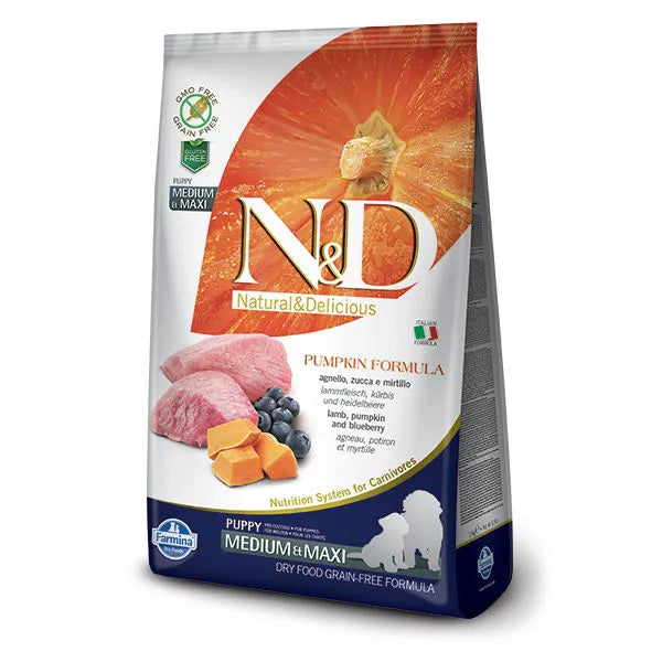 Farmina NandD Pumpkin Lamb and Blueberry Medium and Maxi Puppy Dog Dry Food bag