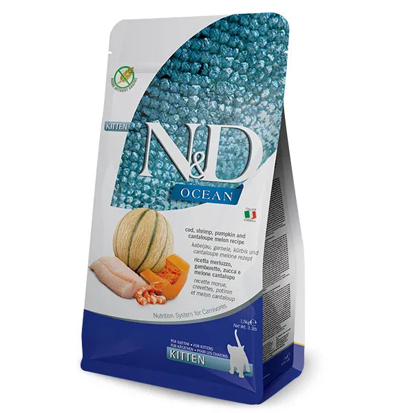 Farmina NandD Ocean Cod, Shrimp, Pumpkin and Cantaloupe Melon Kitten Dry Cat Food bag